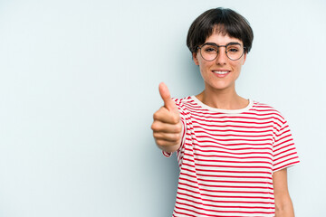 Young caucasian woman with a short hair cut isolated smiling and raising thumb up