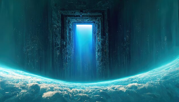 Colorful electrifying 3d rendering gate in space that leads to another dimension in space