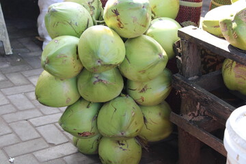 young coconuts that have a green fruit skin, very fresh to drink in hot weather