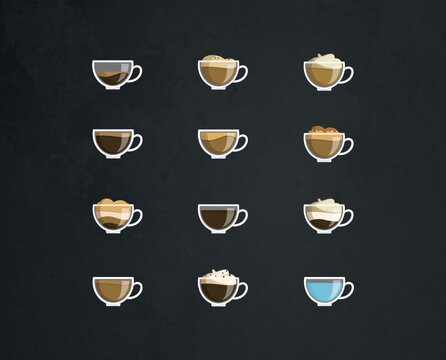 collection of drinks. bar. coffee. latte and espresso. a set of cups. menu. web. icons and signs. vector illustration. cocktail. water