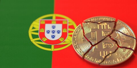 Flag of Portugal and broken bitcoin. Cryptocurrency ban or crypto legal issues concepts, 3d rendering