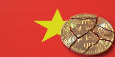 Flag of Vietnam and broken bitcoin. Cryptocurrency ban or crypto legal issues concepts, 3d rendering