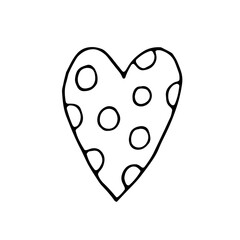 Heart with polka dots. Doodle. Vector. Drawn by hand. Love, feelings, romance, relationships. Sketch. Silhouette. Black and white. Contour. Coloring