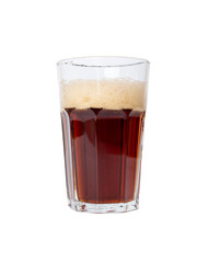 Cold glass of dark beer or kvass with foam in a glass isolated on white background