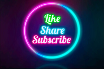 Like, share, subscribe neon banners on bricks wall background, light signboard followers, and social media content channels.