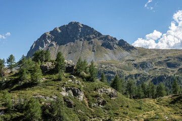 Fototapeta premium Swiss mountains and lakes on a sunny day with white clouds