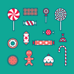 A set of different candies, sweets and cakes. Icons and pictograms for the holidays - Halloween, birthday party, Christmas. Isolated. Red, white and green color.