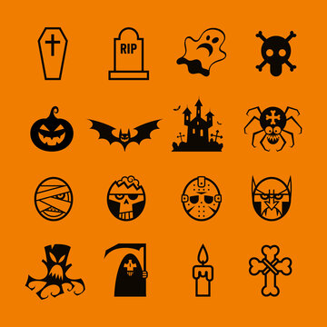 Set of icons and pictograms for Halloween. Pumpkin, ghost, vampire, coffin and more. Isolated. Black and orange color. 