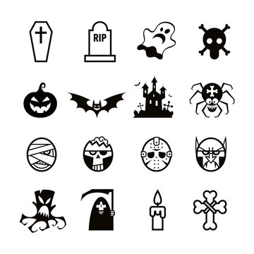 Set of icons and pictograms for Halloween. Pumpkin, ghost, vampire, coffin and more. Isolated. Black and white color. 