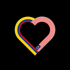 friendship concept. heart ribbon icon of colombia and malaysian flags. vector illustration isolated on black background