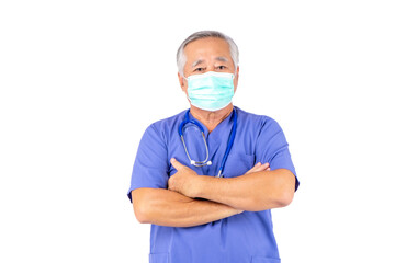 portrait of medical doctor in uniform, asian doctor elderly man wear a mask with stethoscope on white background.