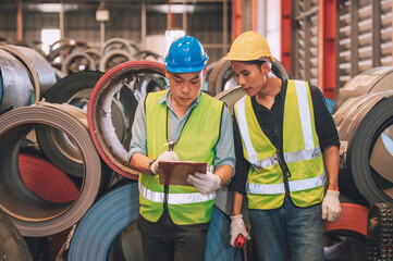 Asian engineer factory manager and mechanic worker employee in safety hard hat talking and inspection inside the factory