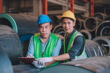 Asian engineer factory manager and mechanic worker employee in safety hard hat talking and inspection inside the factory