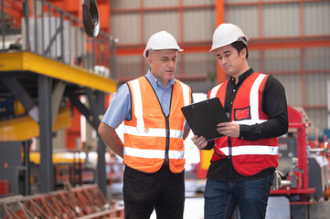 Two people staff audit team checking safety in factory, Engineer talking training coworker team...