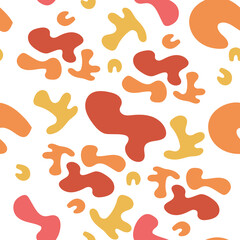 Seamless pattern with abstract irregular shapes, spots in warm colors on white background. Bright contemporary design. Vector illustration for wrapping paper, textile, fabric and packaging decoration 