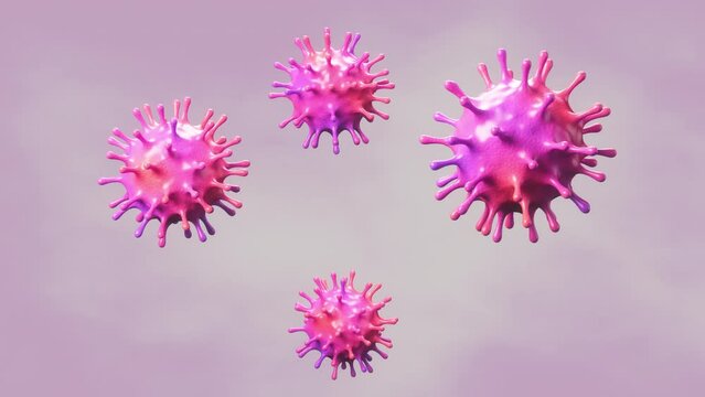 回転しながら空中を浮遊するコロナウイルス / ウイルスと感染症のコンセプトイメージ / ループ再生可能 / 3Dモーショングラフィックス