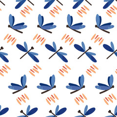 Naadloze patroon met schattige kinderachtig blauwe libellen en rode vlekken op wit Flat cartoon stijl aquarel textuur vectorillustratie voor inpakpapier, textiel, stof, verpakking, kinderkamer decoratie