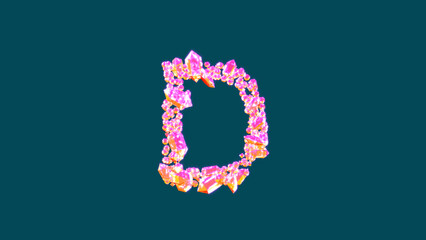 vivid pink and orange glamorous gems letter D on blue, isolated - object 3D illustration