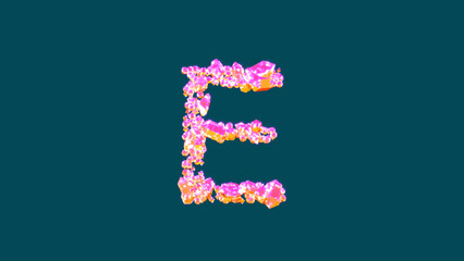 colorful vivid pink and orange fashion gemstones letter E on blue, isolated - object 3D rendering