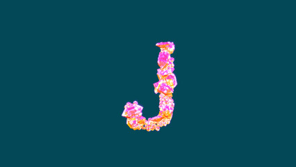 vivid pink and orange luxury brilliants letter J on blue, isolated - object 3D illustration