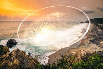 Tibetan healing singing bowl with ocean tropical beach paradise at sunset 