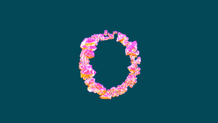 festive pink and orange lux gem stones letter O on blue, isolated - object 3D illustration