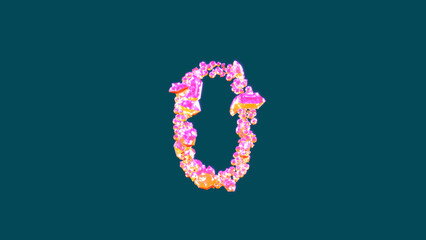 colorful vivid pink and orange glamorous gems number 0 on blue, isolated - object 3D illustration