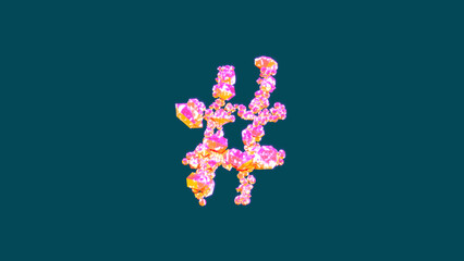 colorful vivid pink and orange fashion gem stones number sign on blue, isolated - object 3D illustration