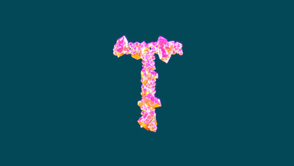 colorful vivid pink and orange lux gems letter T on blue, isolated - object 3D illustration