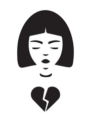 person with heart. sad girl with  broken heart. 
black and white illustration. logo. icon. abstract