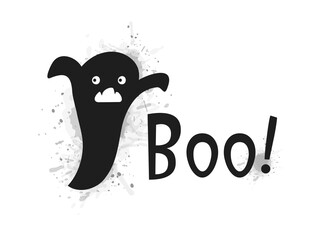 Halloween 2022 - October 31. Trick or treat. Vector hand-drawn doodle style. A cute ghost on a background of gray watercolor splashes with lettering. Boo.