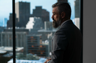 Portrait of 50s adult Caucasian businessman, CEO, boss, wearing a suit, looking out of the window...