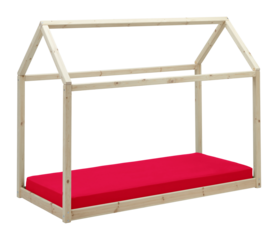 Children's wooden house with red futon with cut out isolated on background transparent