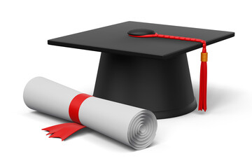 Graduation cap with Diploma, 3d rendering