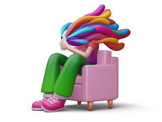 Obraz premium Happy colorful person sitting on sofa with mobile phone