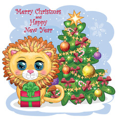 Merry Christmas and Happy New year. Funny lion in red hat with gift in cartoon style. Greeting card.