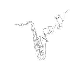 Saxophone continuous line vector illustration. Single line drawing of classical saxophone and music note. Hand drawn minimalism style. - obrazy, fototapety, plakaty
