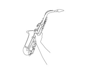 Fototapeta na wymiar Continuous line art of Hand Holding Saxophone vector illustration. Single line drawing of classical saxophone. Hand drawn minimalism style.