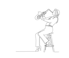  Continuous line art of woman playing saxophone vector illustration. Single line drawing of saxophone player. Hand drawn minimalism style.