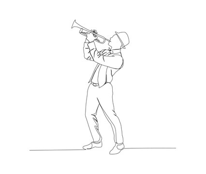 recommend clip art:  Continuous line art of man holding trumpet vector illustration. Single line drawing of trumpet. Hand drawn minimalism style.