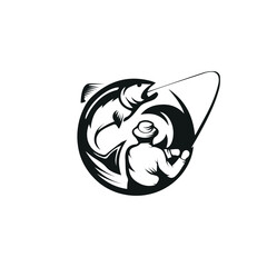 tiger head mascot. fisherman and fish. black and white vector illustration. logo. icon. 
fishing. monochrome. label sea. ocean or river.