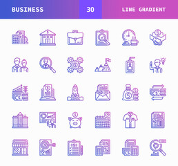 Business line gradient style icons set. Consist of Icons as Analysis, Report, Recruitment, Checking, Deal, Investment and more. Perfect for website mobile app presentation and any other projects.