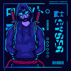 Samurai cyberpunk fiction character vector. Colorful t-shirt design illustration. Translation :"Robot Samurai Samurai"