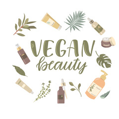 Vegan beauty. Organic vegan cosmetic kit. Modern vector illustrations in a flat style, isolated on a white background. A set of cosmetics.