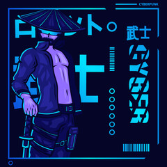 Samurai cyberpunk fiction character vector. Colorful t-shirt design illustration. Translation :"Robot Samurai Samurai"
