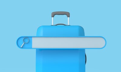 Online summer vacation search. Blank search bar with a travel suitcase. 3D Rendering