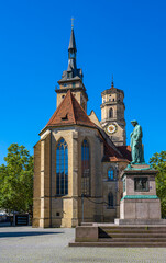 The Collegiate church of Stuttgart with the Schiller monument on Schiller square....