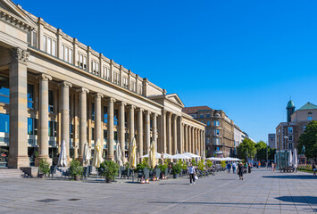View of the shopping street (Königsallee) at the new palace in Stuttgart.. Baden Wuerttemberg,...