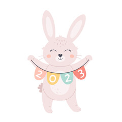 Obraz premium Cute white bunny wishes a Happy New Year 2023. Year of the Rabbit. Winter holidays. Hand drawn vector illustration