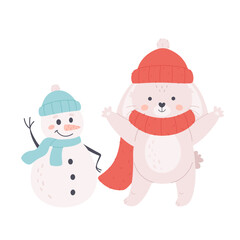 Cute white bunny in knitted scarf and hat with snowman. Winter time. New Year. Year of the Rabbit. Hand drawn vector illustration 
